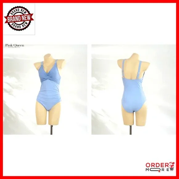 One Piece Swimsuit Patchwork Twist Front V Neck Ruched Tummy Control Swimwear - Picture 7 of 7